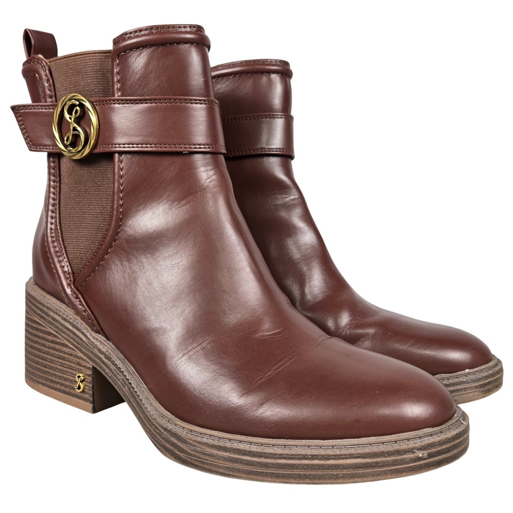 Sam & Libby Natalia Brown Faux Leather Buckle Stacked Heel Ankle Boots 9.5M